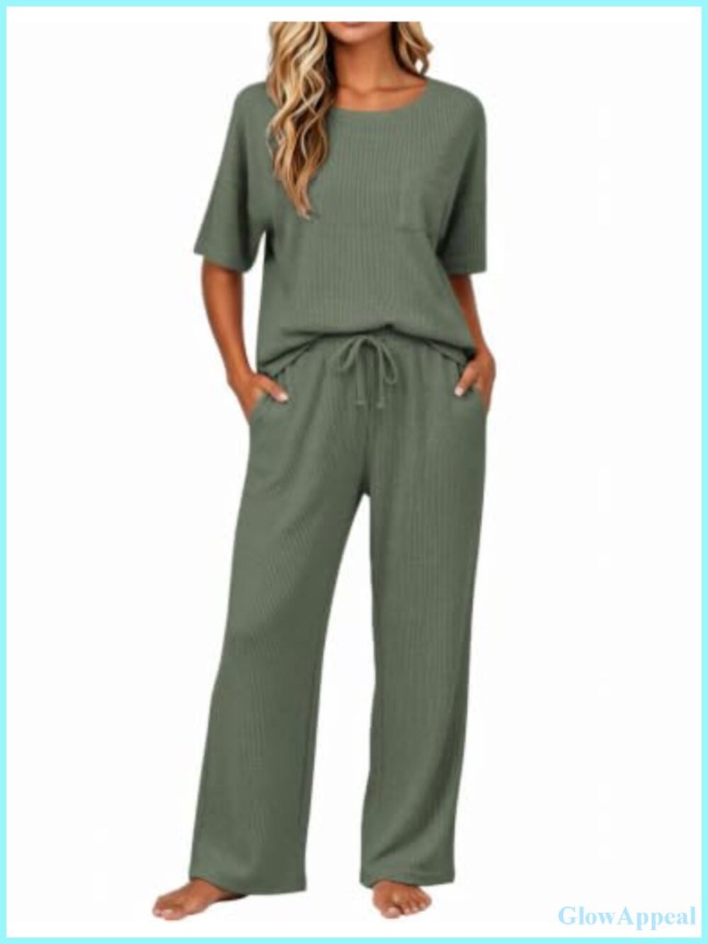 Waffle Knit Pajama Set Short Sleeve Top Long Pants Sleepwear Lounge